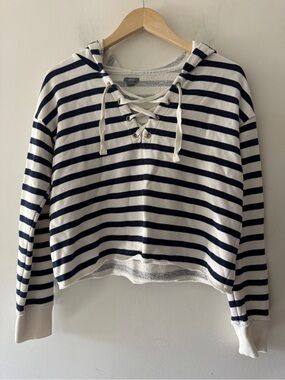 Aerie Navy Blue and White Stripe‎ Cropped Lightweight Hoodie